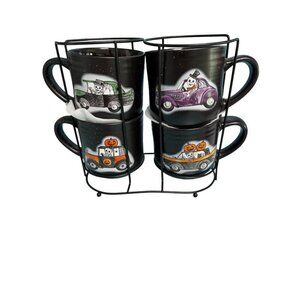 Cobwebs And Cauldrons Ceramic Halloween Set of 4 Mugs Pumpkins Skeletons In Cars